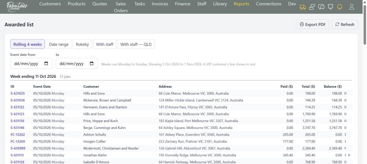 The Awarded list: every confirmed job, paid and owing.